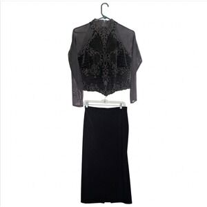 Tadashi Shoji Vintage Beaded Set Rich Brown Velvet Mock Neck Top Mesh Sleeves XL